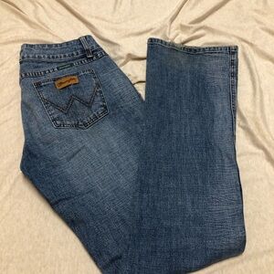 Wrangler Premium Patch Ultra Low Rise Boot Cut Jeans Distressed Dark Denim